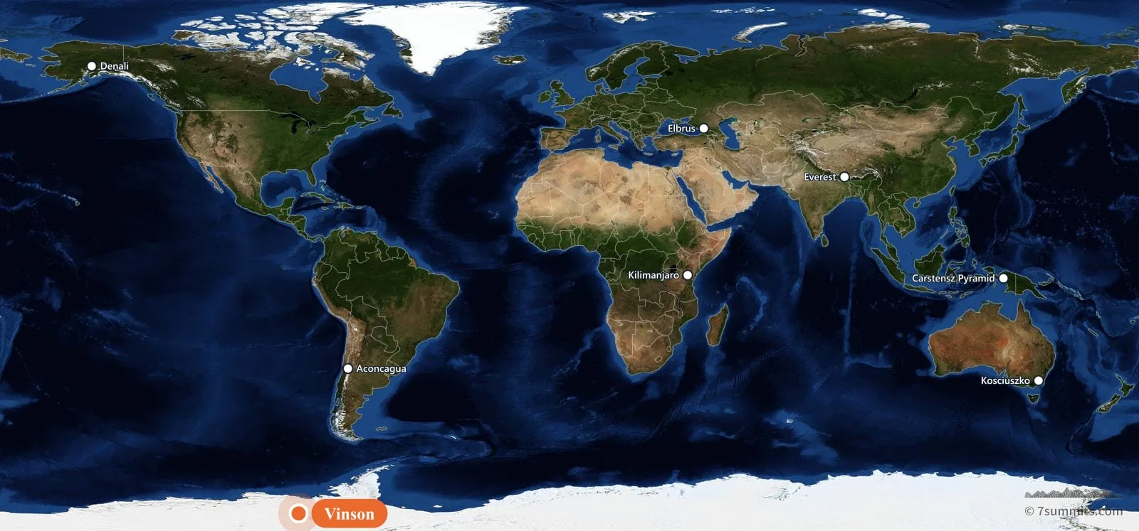 World map showing the location of Vinson, one of the Seven Summits