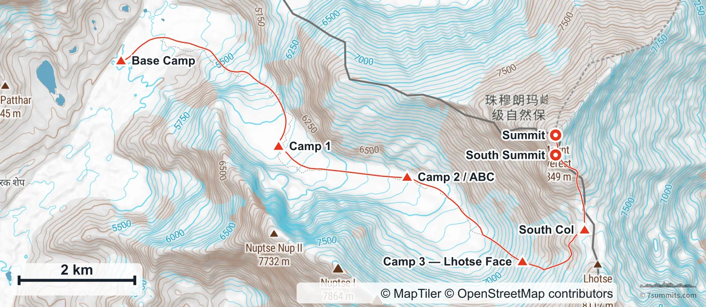 Topographic map of the Everest South Col / South East Ridge route in Nepal, from Base Camp through the Khumbu Icefall and the Western Cwm to the summit, with the camps marked