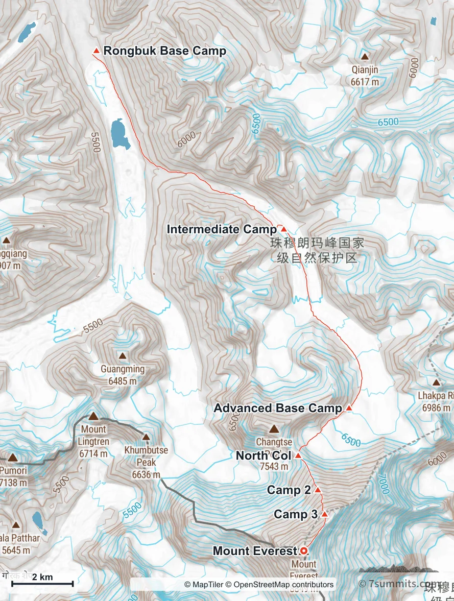 Topographic map of the Everest North Col / North East Ridge route in Tibet, from Rongbuk Base Camp to the summit, with the camps marked