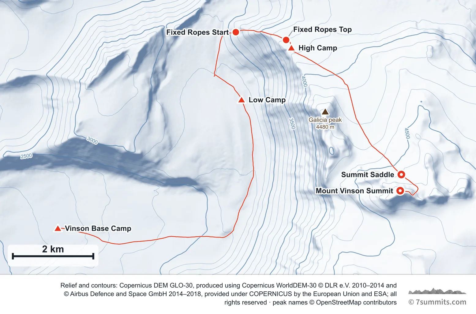Topographic map of the Normal Route on Mount Vinson, from Vinson Base Camp on the Branscomb Glacier over the fixed-rope headwall to the summit, with the camps marked