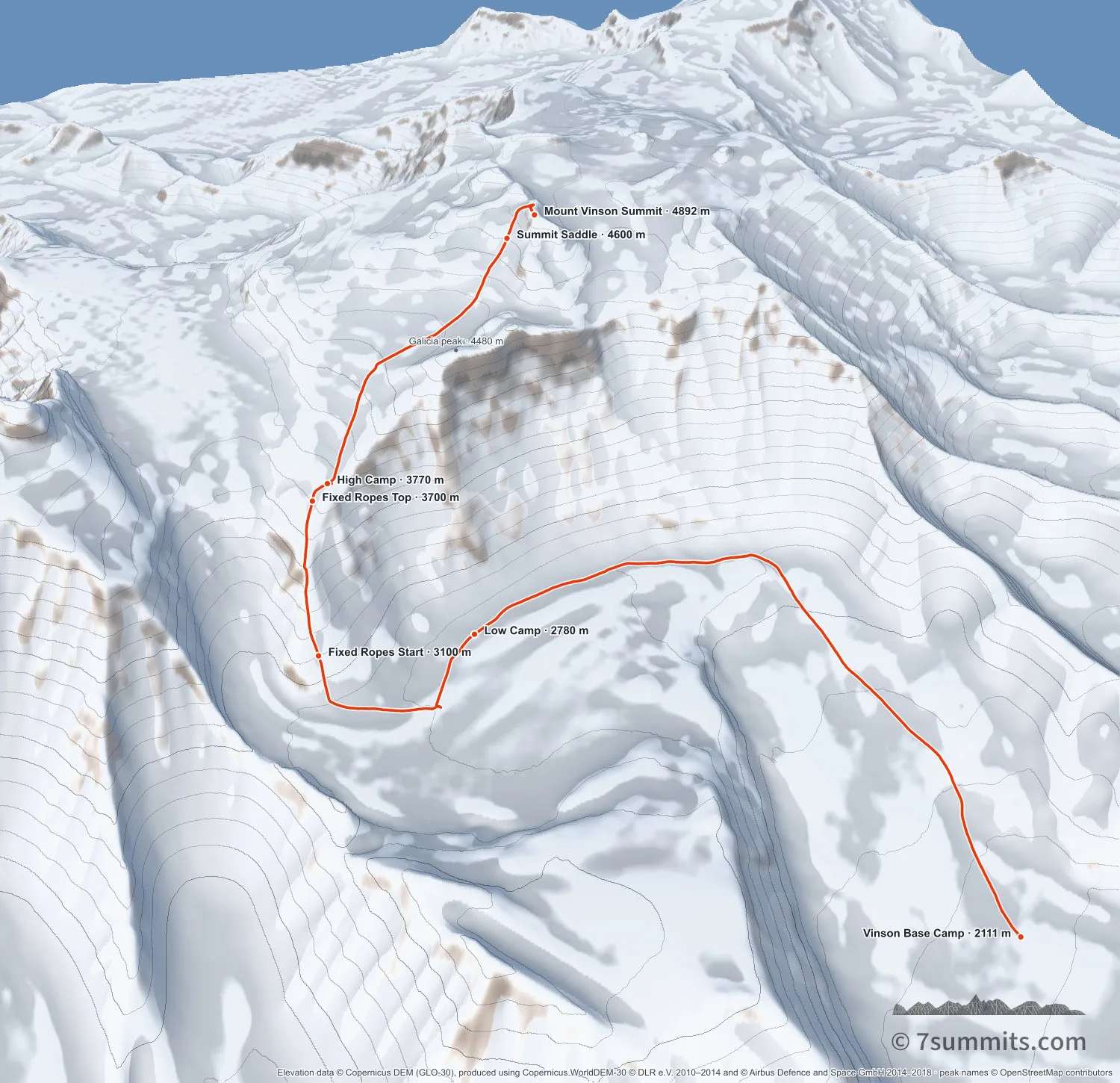 Bird's-eye view of the whole Normal Route on Mount Vinson from Base Camp to the summit