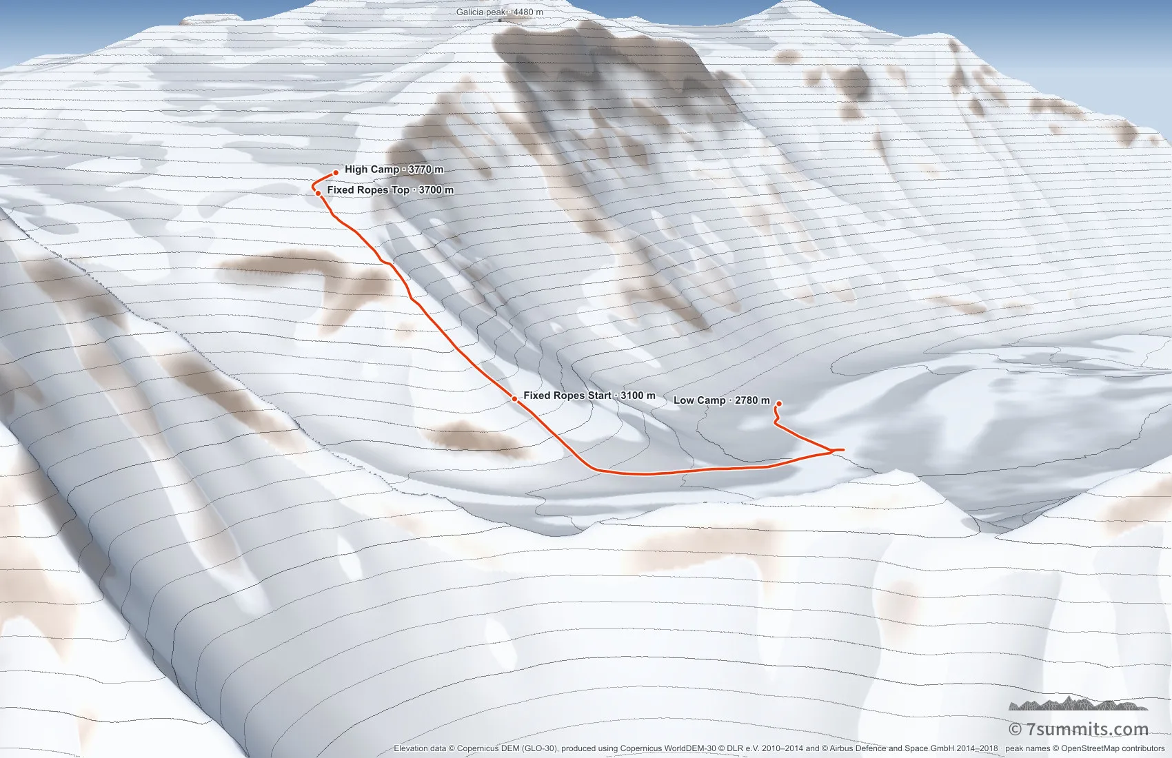 Three-dimensional view of the fixed-rope headwall between Low Camp and High Camp on Mount Vinson