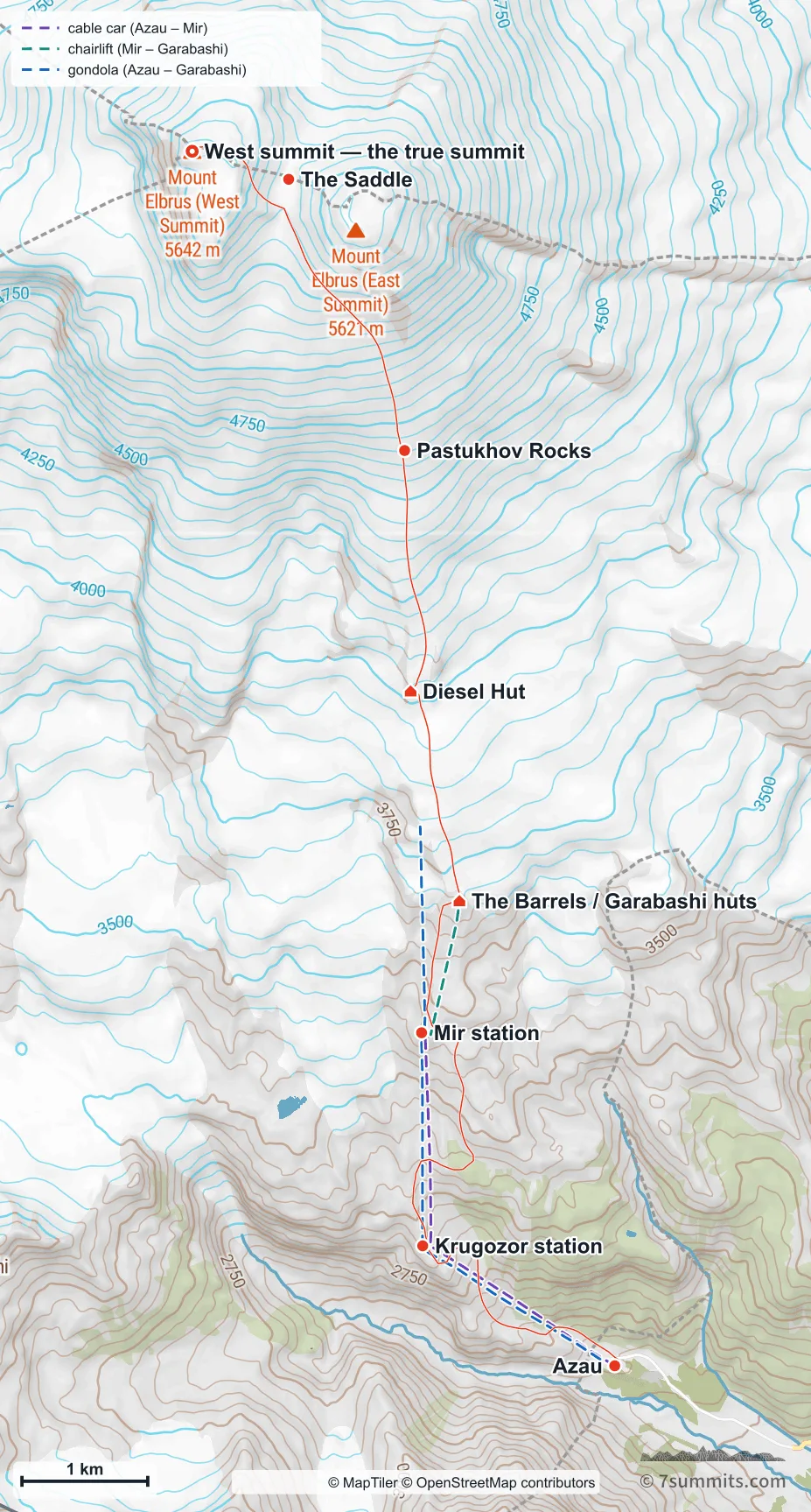 Topographic map of the South (Normal) route on Mount Elbrus, from Azau in the Baksan valley past the Barrels huts and the Pastukhov Rocks to the West summit, with the three aerial lifts marked
