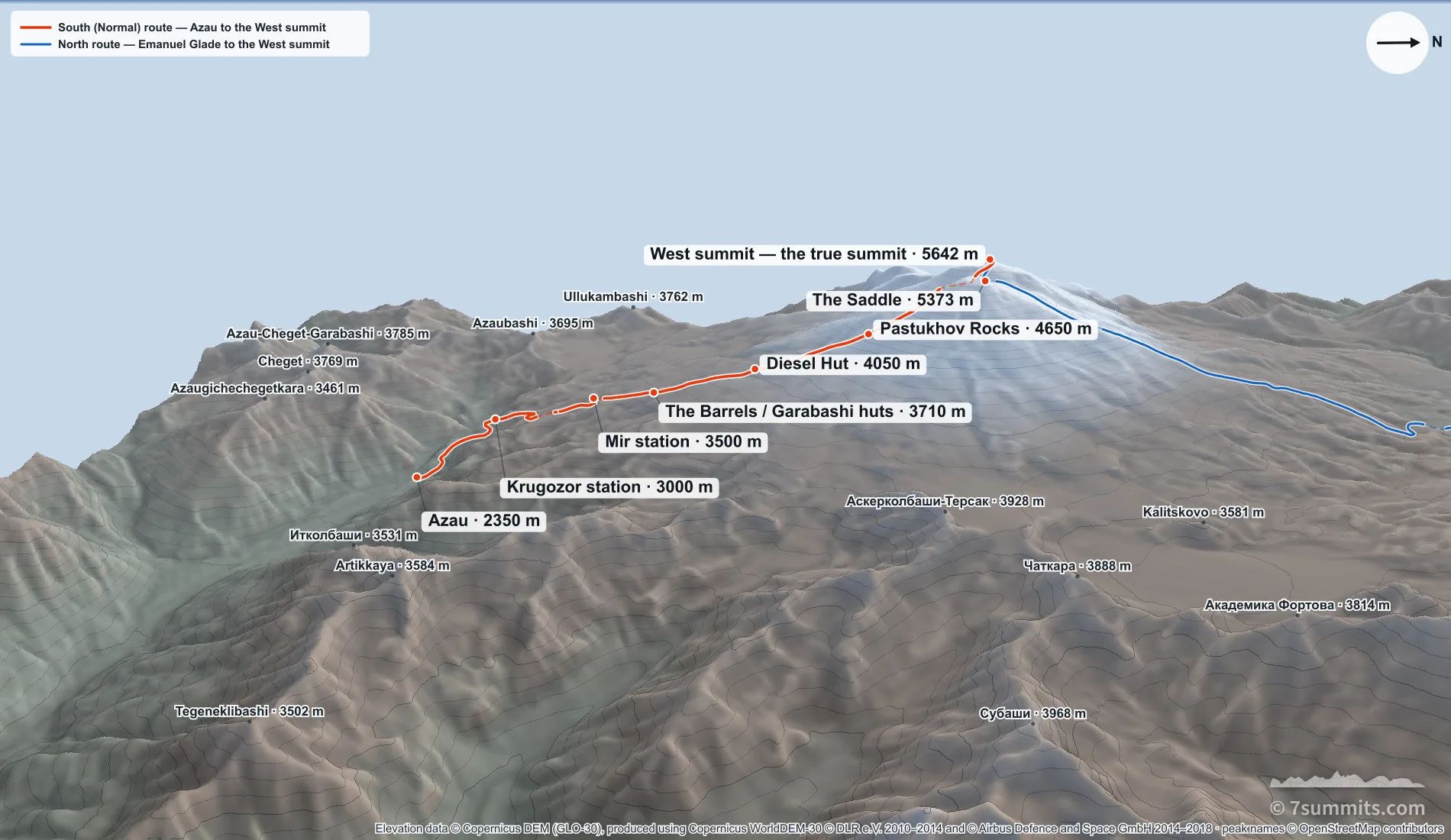Oblique three-dimensional view of Mount Elbrus showing both climbing routes: the South (Normal) route from Azau and the North route from Emanuel Glade, converging near the West summit