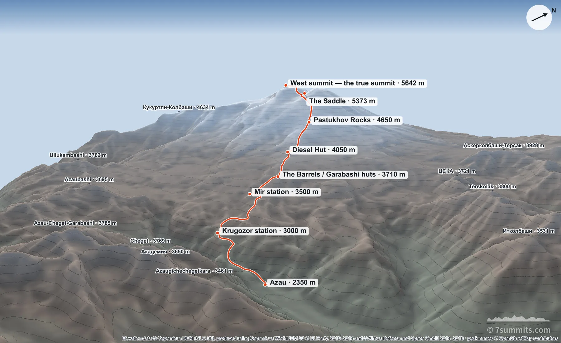 Oblique three-dimensional view of the South (Normal) route on Mount Elbrus, from Azau in the valley to the West summit