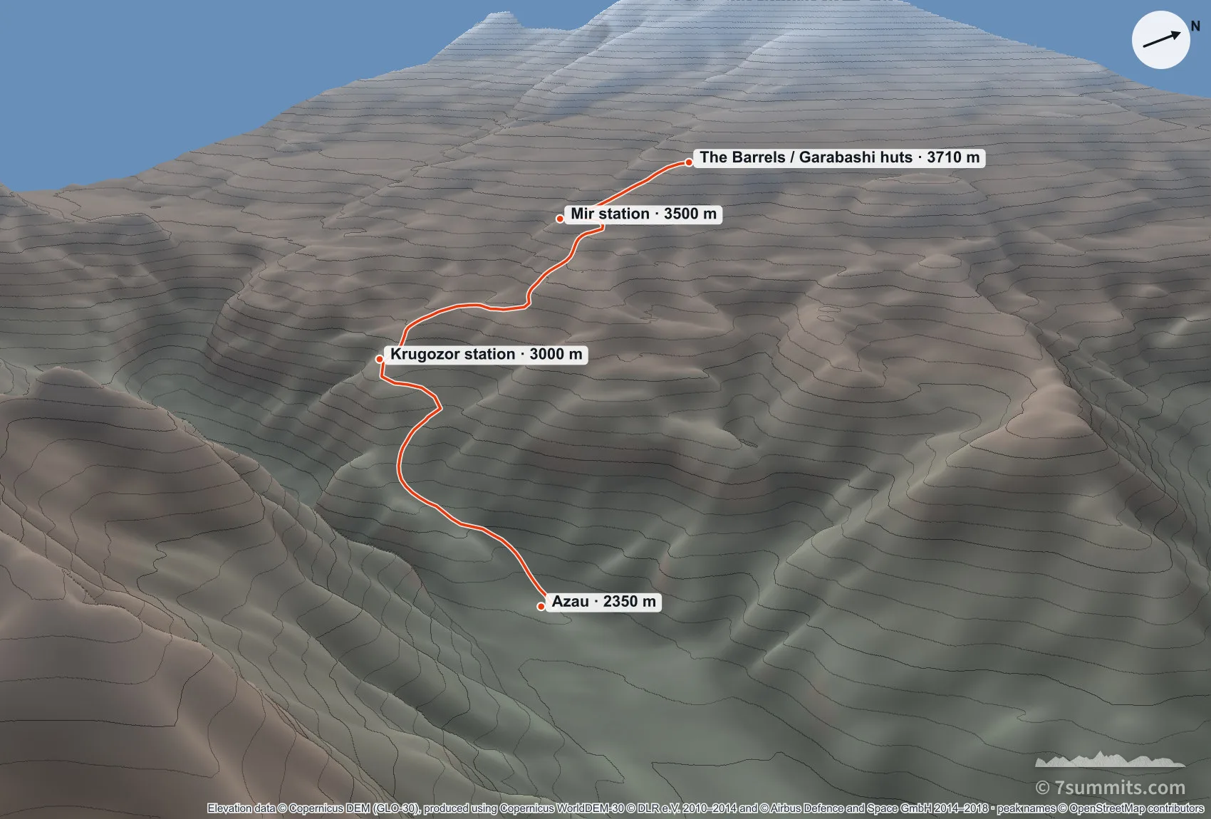 Three-dimensional view of the walking route from Azau up to the Barrels huts on Mount Elbrus