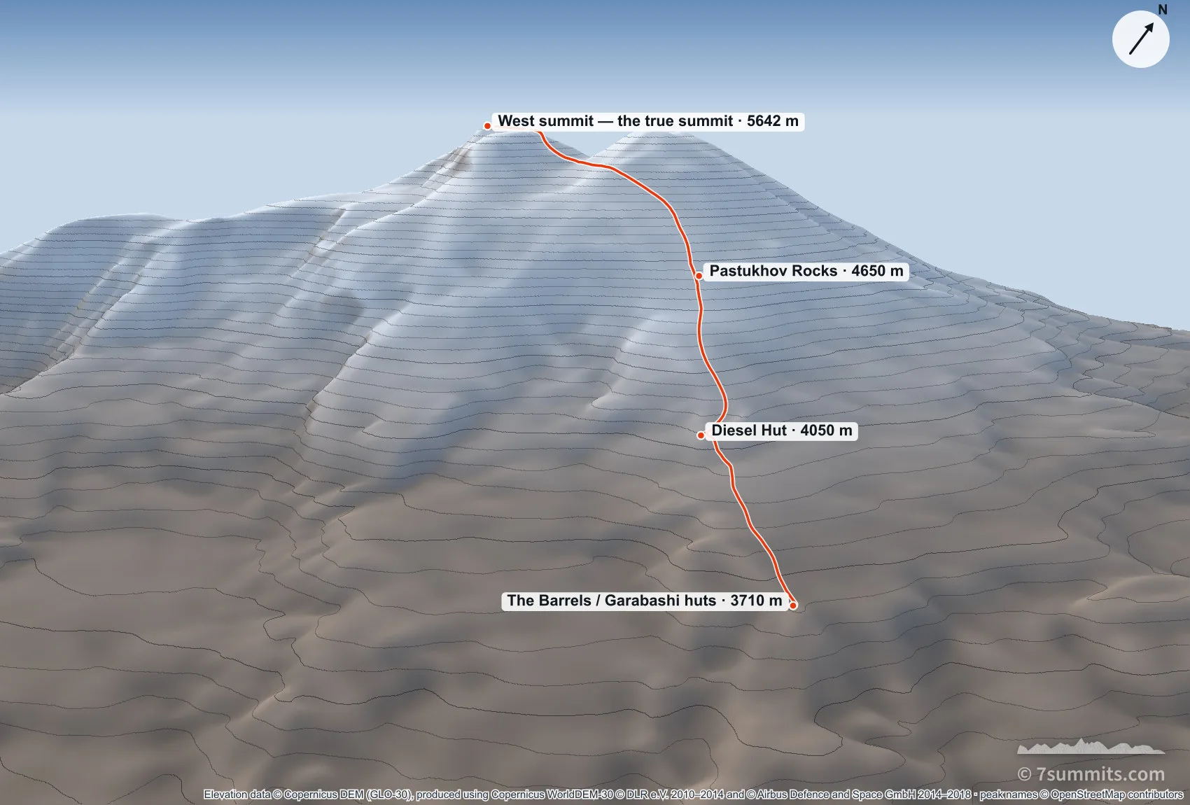 Three-dimensional view of summit day on the south side of Mount Elbrus, from the Barrels huts to the West summit