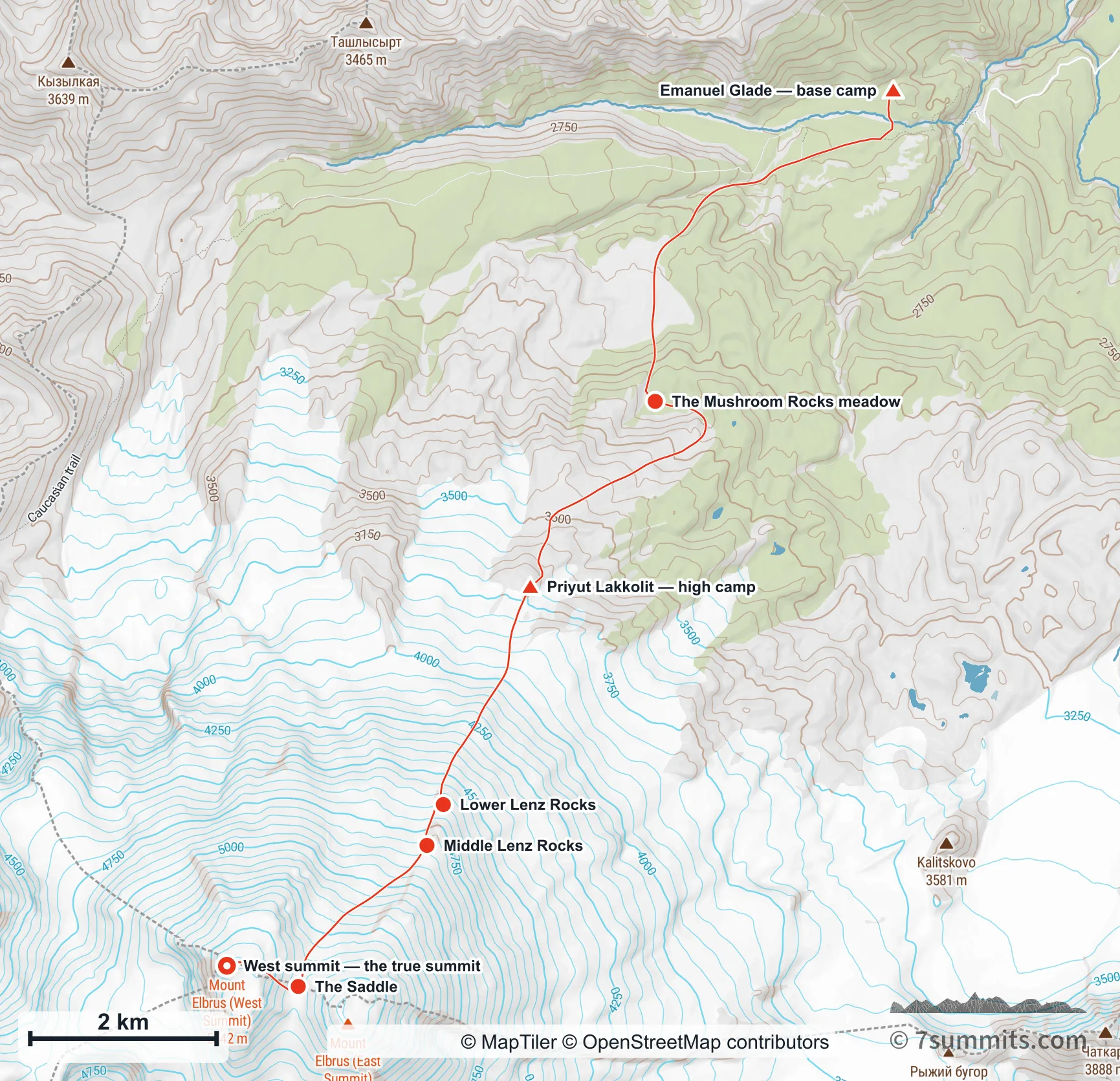 Topographic map of the North route on Mount Elbrus, from Emanuel Glade base camp past Priyut Lakkolit and the Lenz Rocks to the West summit