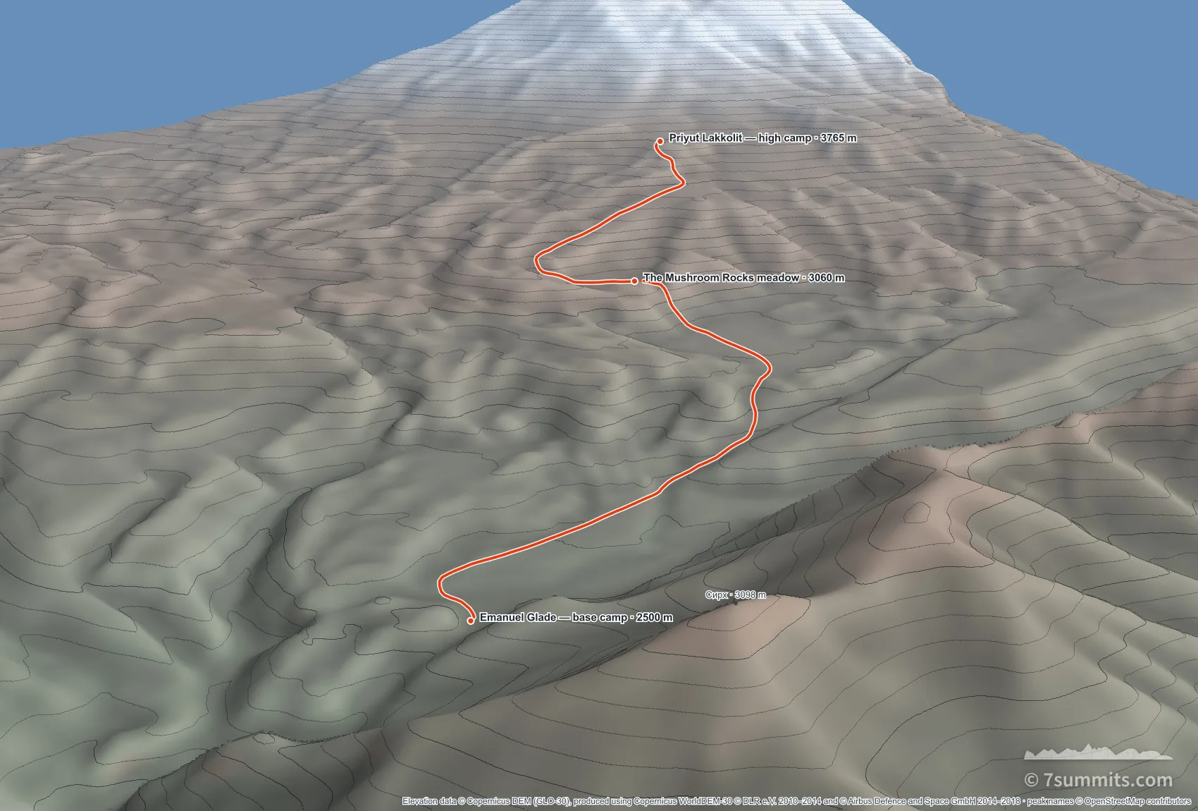 Three-dimensional view of the walk in from Emanuel Glade to Priyut Lakkolit high camp on the north side of Mount Elbrus