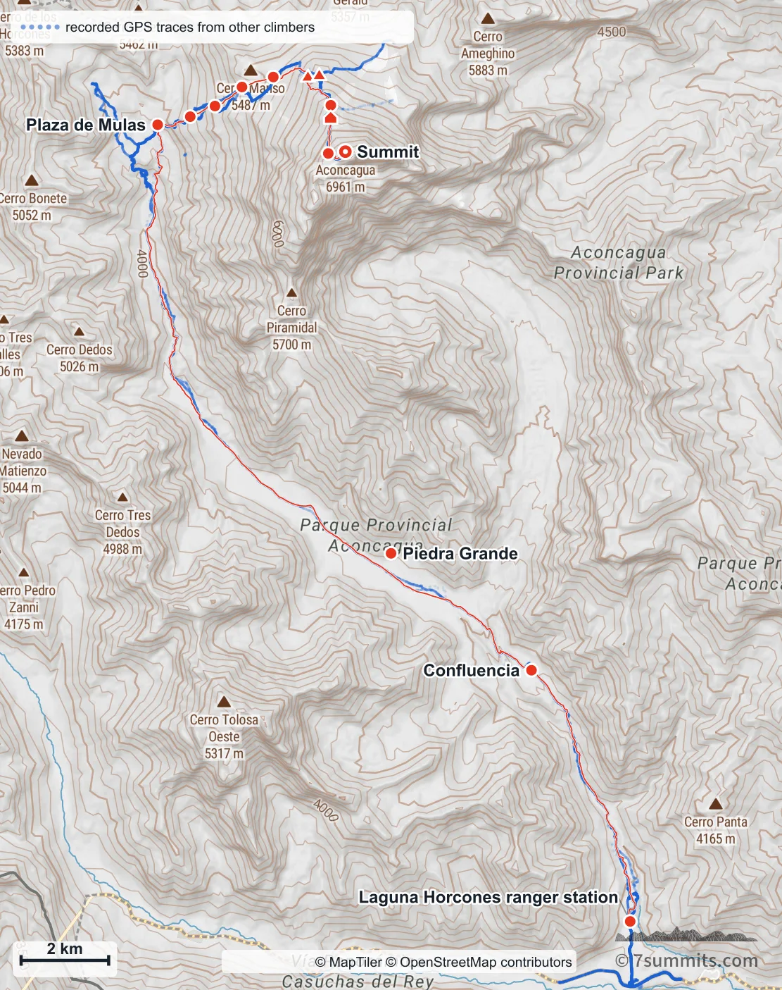 Topographic map of the Normal Route on Aconcagua, from the Laguna Horcones ranger station up the Horcones valley past Confluencia and Piedra Grande to Plaza de Mulas base camp, then climbing north-east through a close-set line of high camps to the summit