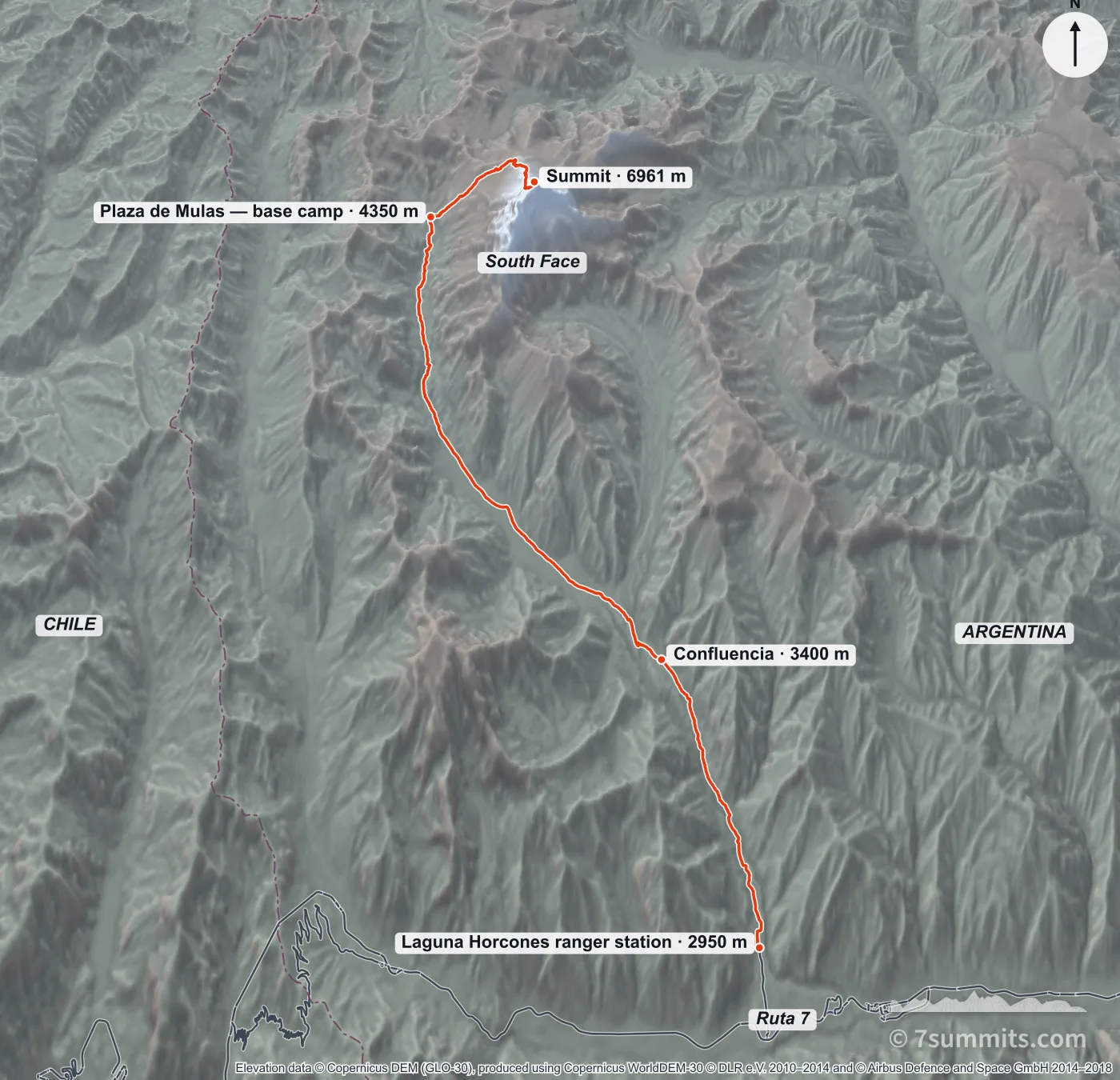 Near-vertical three-dimensional view of the whole Normal Route on Aconcagua with north at the top, showing the Horcones valley running north from Ruta 7 past Confluencia, then turning west to Plaza de Mulas base camp and climbing to the summit above the South Face, with the Chilean border marked to the west