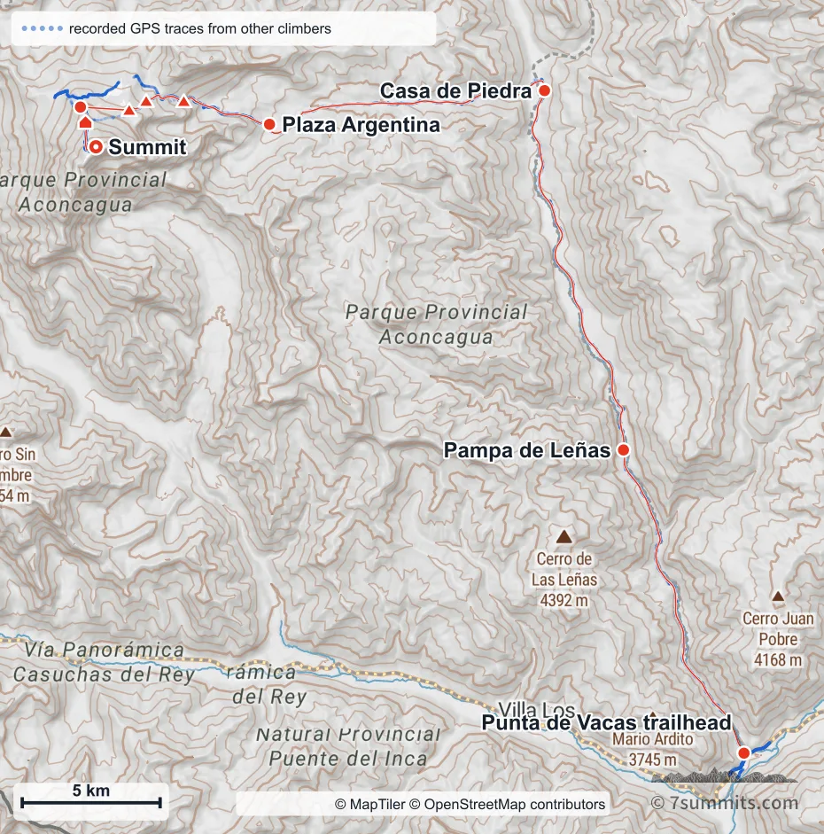 Topographic map of the Polish Traverse on Aconcagua, from the Punta de Vacas trailhead up the Vacas valley past Pampa de Leñas and Casa de Piedra to Plaza Argentina base camp, then climbing west through Camp 1, the Col Camp and Camp 2 and crossing to Rocas Blancas to join the Normal Route for the summit